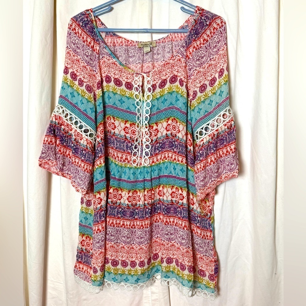 One World Women's Sz L Butterfly Sleeve Multicolored Boho Blouse PTP‎ 22"  EUC